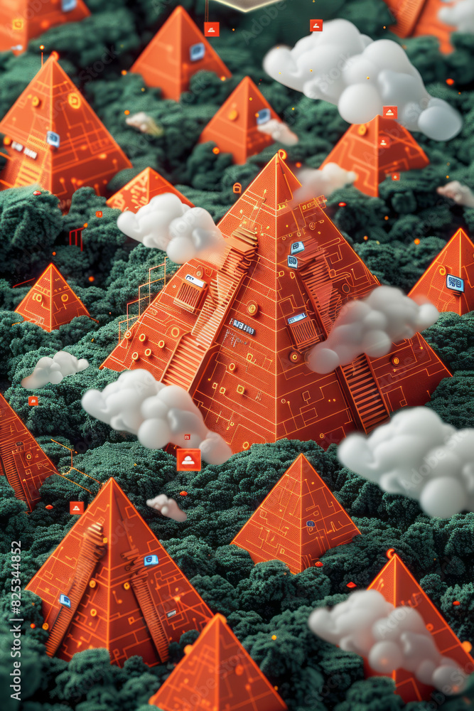 Aufkleber Isometric repeating pattern of pyramids with embedded cloud computing icons,