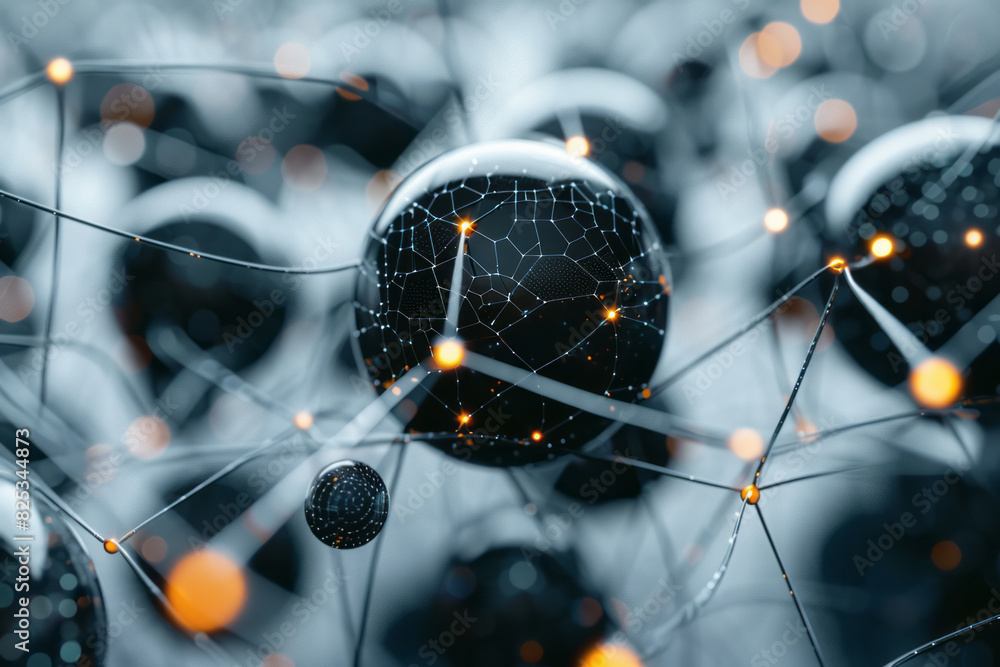 Poster abstract isometric spheres and lines representing atoms and data points, arranged in a lattice,