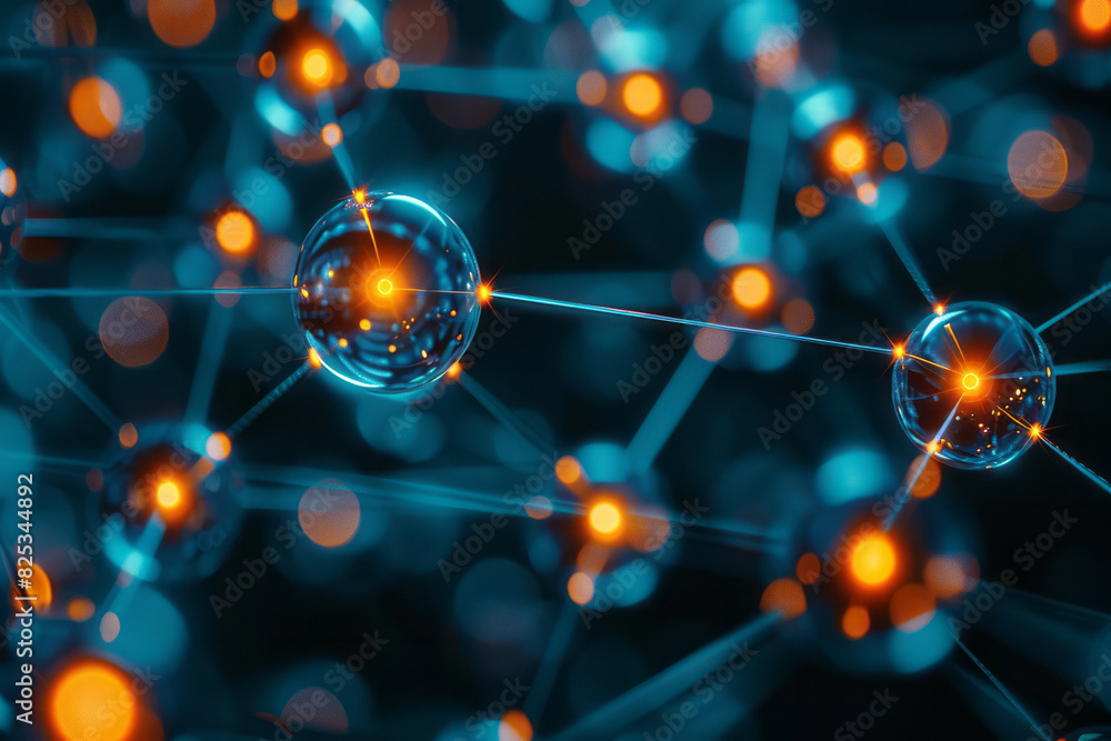 Leinwandbilder abstract isometric spheres and lines representing atoms and data points, arranged in a lattice,