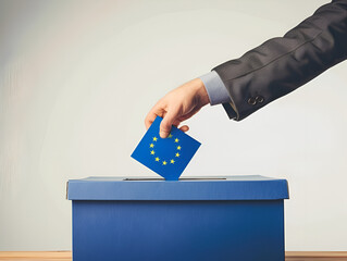 Close-up of a hand dropping a ballot into a European Union-themed ballot box