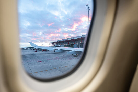 Fototapeta Airport view from airplane window.