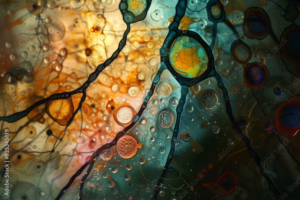 Poster vibrant macro photo of oil droplets on water creating a mesmerizing abstract pattern