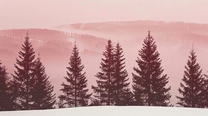 Serene Winter Scene of Pine Trees and Mountains
