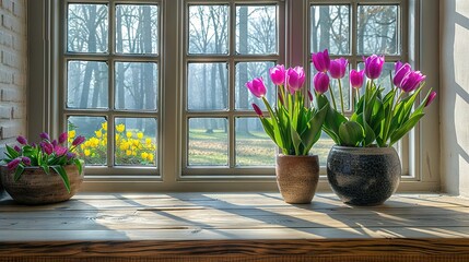   A pair of vases rest atop a windowsill, brimming with vibrant pink and purple tulips