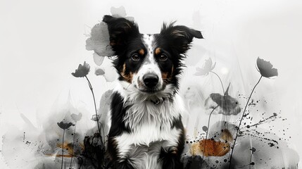 Whimsical Black and White Dog Scene with Abstract Background