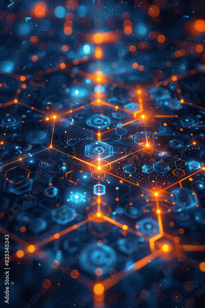 Poster seamless pattern of isometric pentagons and network hub icons,