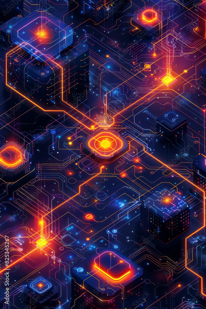 Poster seamless pattern of isometric pentagons and network hub icons,