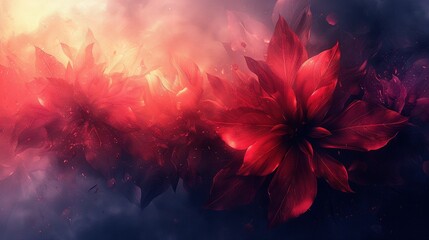   Close-up of a red flower against a gradient of blue and pink, with a softly blurred sky background