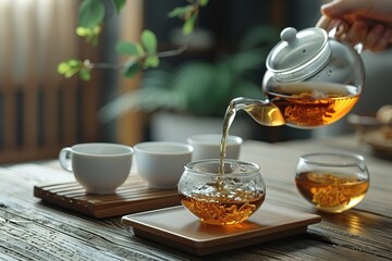 A person is pouring tea into a glass cup from a teapot - Powered by Adobe