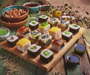 Japanese sushi arranged on rustic wooden platters, showcasing a blend of traditional dishes, set upon a rustic wooden table.