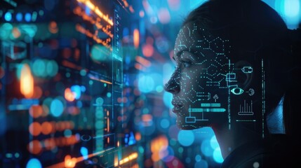 Abstract profile of woman with multiple digital screens and icons representing AI technology, futuristic background.