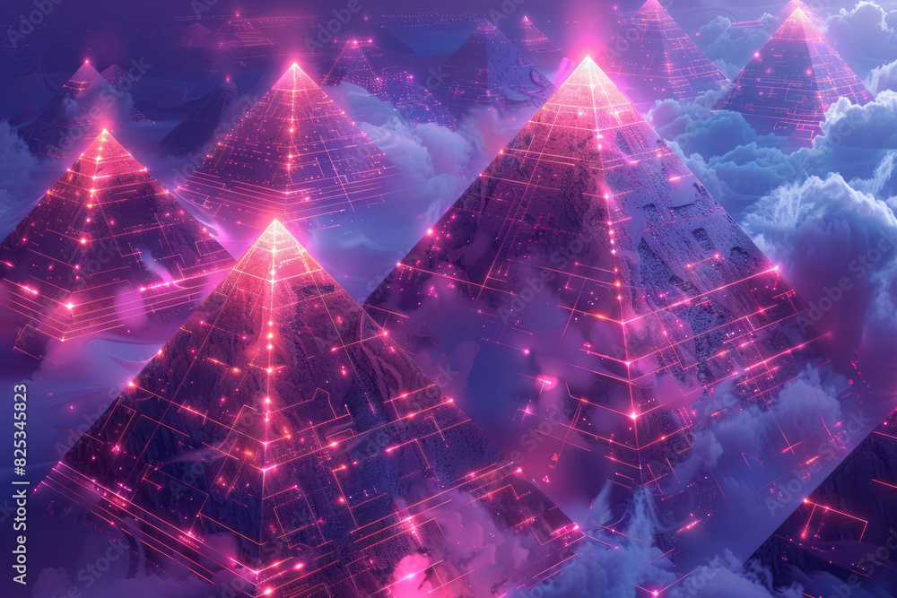 Aufkleber Isometric repeating pattern of pyramids with embedded cloud computing icons,