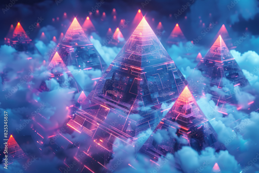 Poster isometric repeating pattern of pyramids with embedded cloud computing icons,