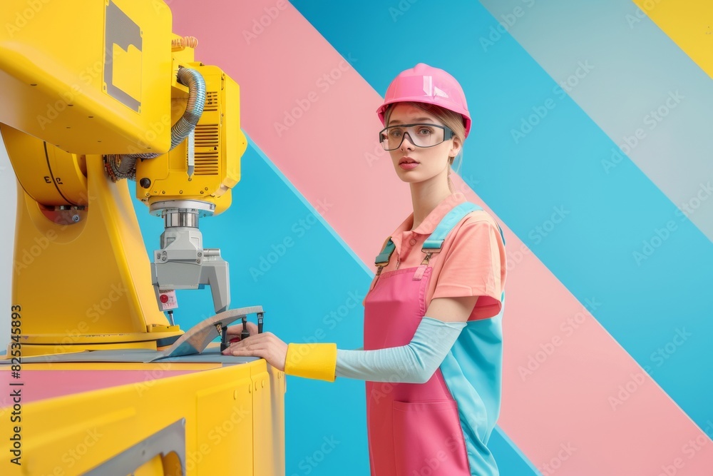 Poster female engineer and robot team up in high-tech manufacturing environment