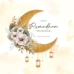 ramadhan mubarak greeting card with crescent moon and white flowers ornament painting background © Monica