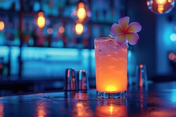 A glass of pink drink with a flower on top sits on a bar counter - Powered by Adobe
