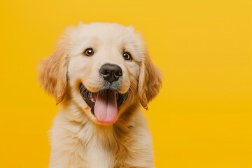 Golden retriever puppy with a joyful expression on a bright yellow background, studio shot