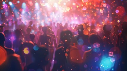 A lively scene of a lively nightclub, with a defocused background of twinkling particles