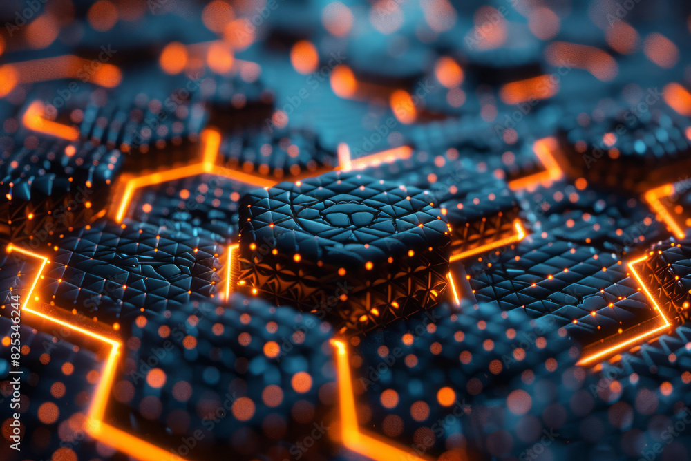 Poster Abstract isometric hexagonal grids with technology icons, creating a cohesive design,