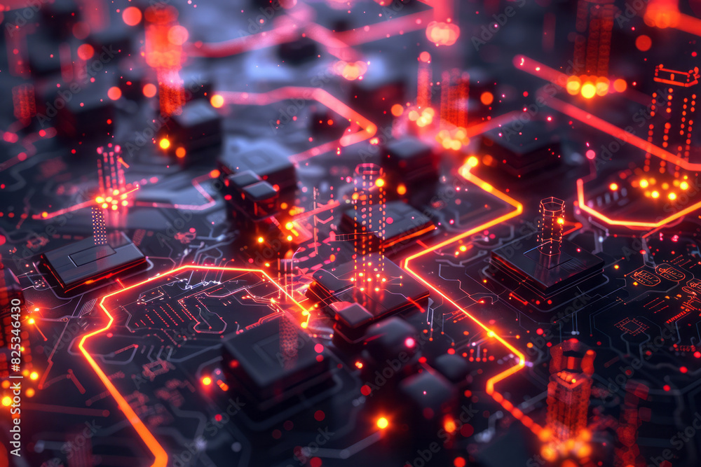 Poster Isometric pattern of geometric shapes and interconnected data transfer icons forming a network,