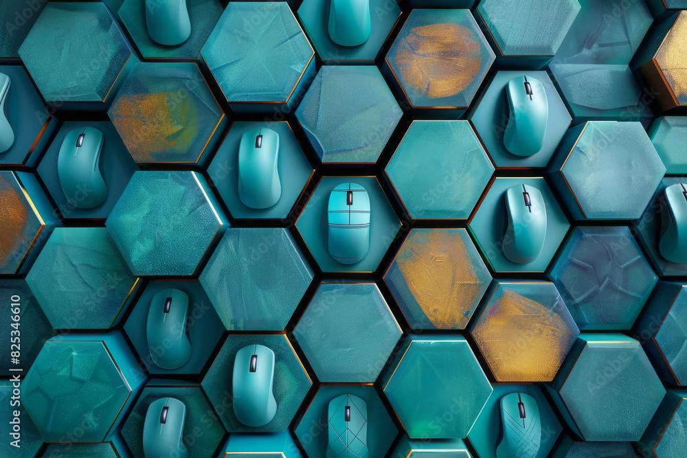 Leinwandbilder Minimalist isometric hexagons and stylized computer mouse symbols, arranged in a repeating pattern,