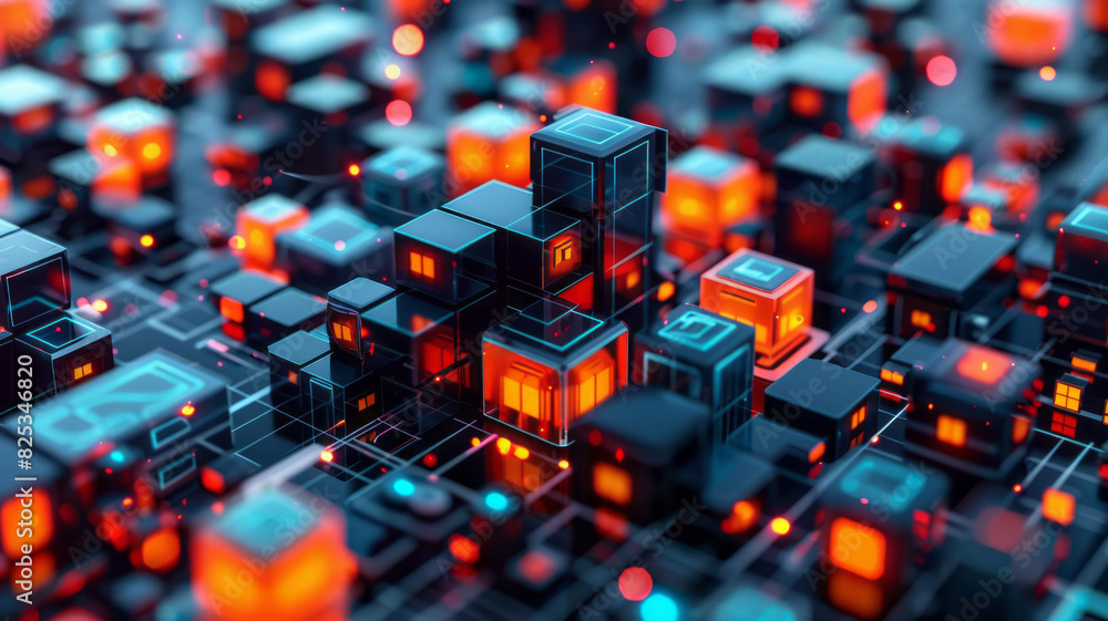 Fototapete Abstract isometric pattern of cubes and minimalist robot icons, creating a seamless tech-inspired background,
