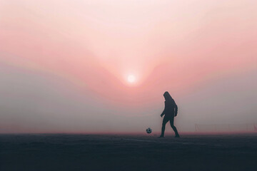 silhouette of person with soccer ball in pink foggy sunrise