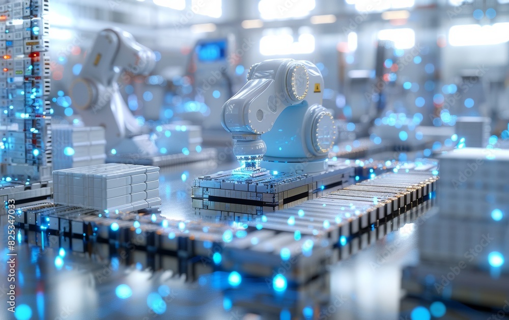 Poster dynamic manufacturing floor with robotic arms assembling products, showcasing modern industrial auto