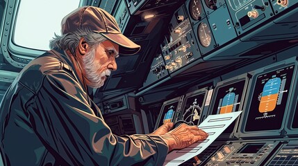 Aviation maintenance man with a beard and cap checking the aircraft control panel
