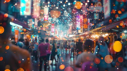 A lively scene of a lively street fair in a colorful city, with a defocused background of twinkling...