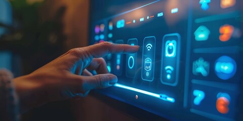 Closeup of a hand interacting with a smart home device, detailed buttons and display, home setting, high resolution, smart home functionality, stock photography