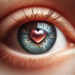 Fototapeta premium A love heart reflected in the pupil of the eye. Close-up.