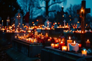 Tranquil candlelit graves at twilight in a serene cemetery, a peaceful memorial for the afterlife, with flickering lights and solemn ambiance for remembrance and reflection on loss and eternal rest