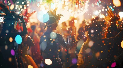 A lively scene of a masquerade ball, with a defocused backdrop of twinkling particles -