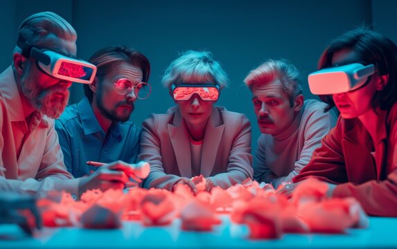 Diverse Team Engages in Innovative AR and VR Brainstorming Session in a Modern Conference Room - Powered by Adobe