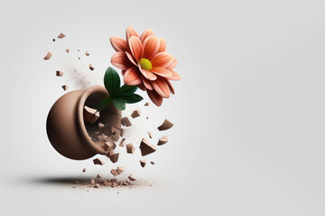 Falling pot with a flower. Space for text.