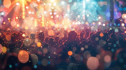 A lively scene of a music festival, with a defocused backdrop of twinkling particles