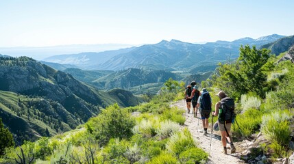 Fototapeta premium Aerial Shot of Mixed-Gender Hikers on Green Mountain Trail under Clear Blue Sky