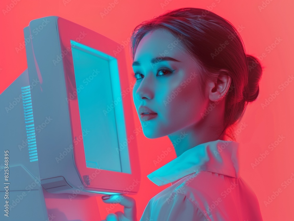 Poster asian woman using futuristic ar tablet in a high-tech environment, highlighting advanced technology 