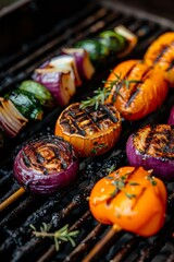 Close-Up Shot of Rainbow Charred Vegetables on Grill: Celebrating Summer and Healthy Eating