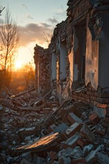 destroyed village ruins with crumbling building structures