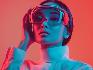 Asian Woman Engaging with Advanced AR Technology in Futuristic Setting, Exemplifying AI Integration in a Modern Tech Environment