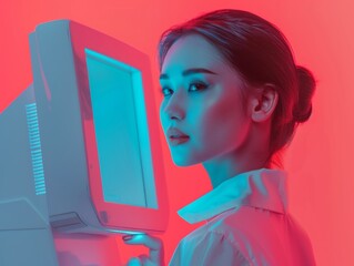 Asian Woman Using Futuristic AR Tablet in a High-Tech Environment, Highlighting Advanced Technology and AI Capabilities