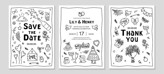 Trendy Wedding doodle invitation set. Hand drawn doodle Love and Feelings Background. Funny wedding posters template. including flowers, hearts, bouquet, champagne, arrows. Vector line illustration.