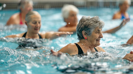 A group of older women are in a pool, laughing and splashing each other