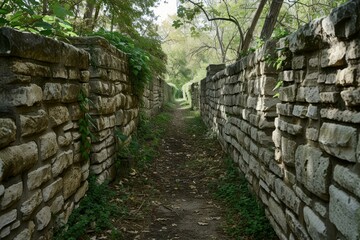 Tranquil dirt path meanders between rustic stone walls amidst verdant foliage