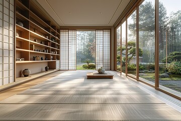 Obraz premium A large room with a lot of wood and a lot of windows