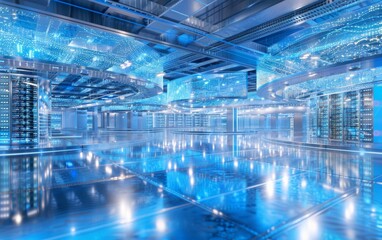 Professionals Monitoring Data in High-Tech Server Room: Modern Data Center Operations with Glowing Servers at Night