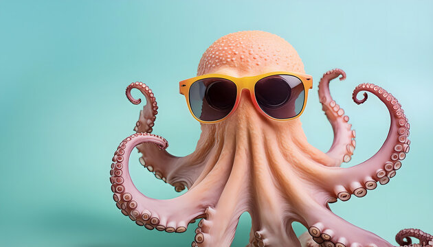 krake, oktopus, zinetnfisch, sonnenbrille, mit, close up, t&uuml;rkis, rosa, hautfarben, nat&uuml;rlich, 3d, spa&szlig;, cartoon, 1, solid, hintergrund, copy space
