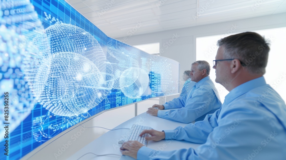 Poster Dedicated Cybersecurity Team Working in High-Tech Control Room, Monitoring Networks and Protecting Industrial Data